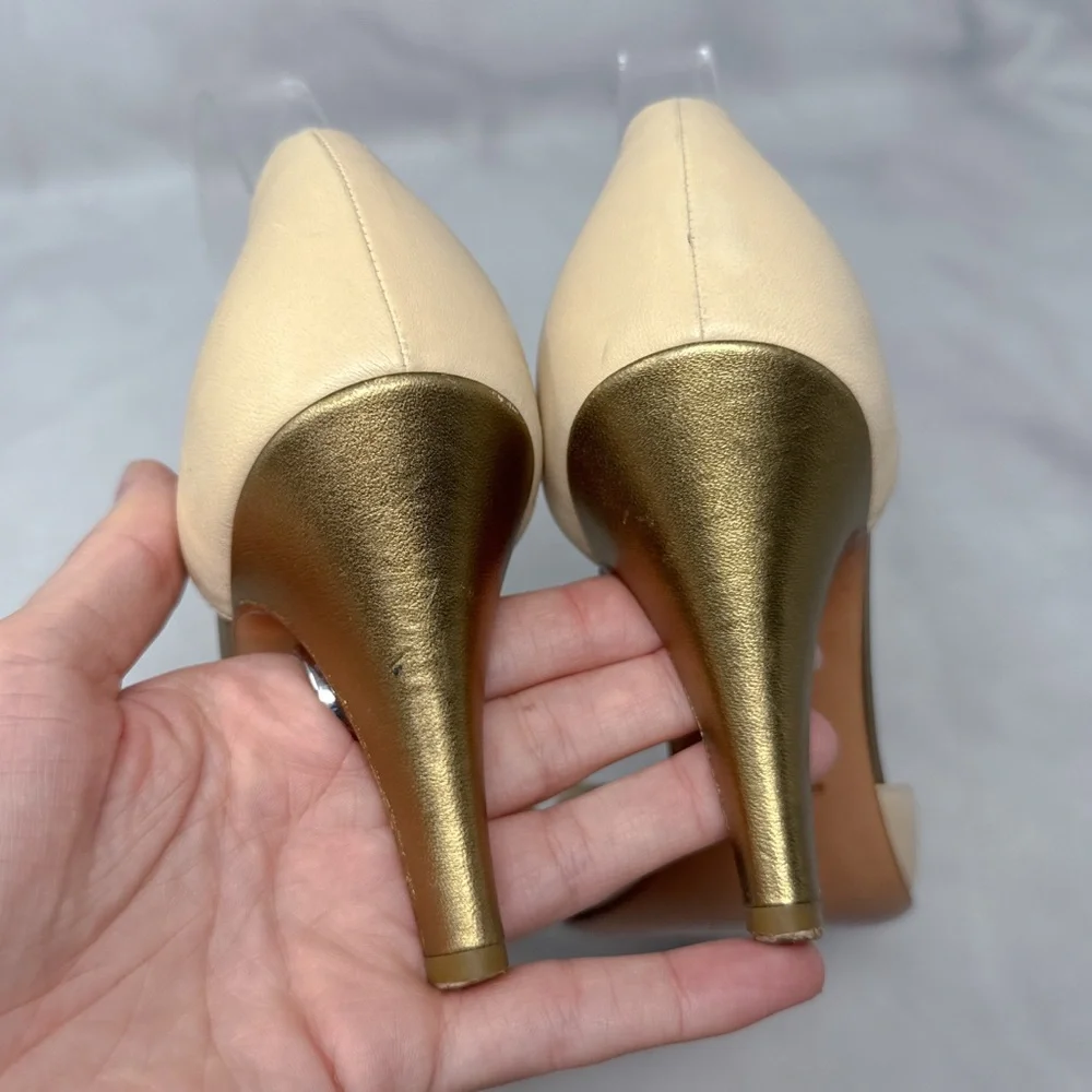 CHANEL CC Vintage 90s Y2K leather Cap Toe Mid Height Heels Pumps Gold Retro 38